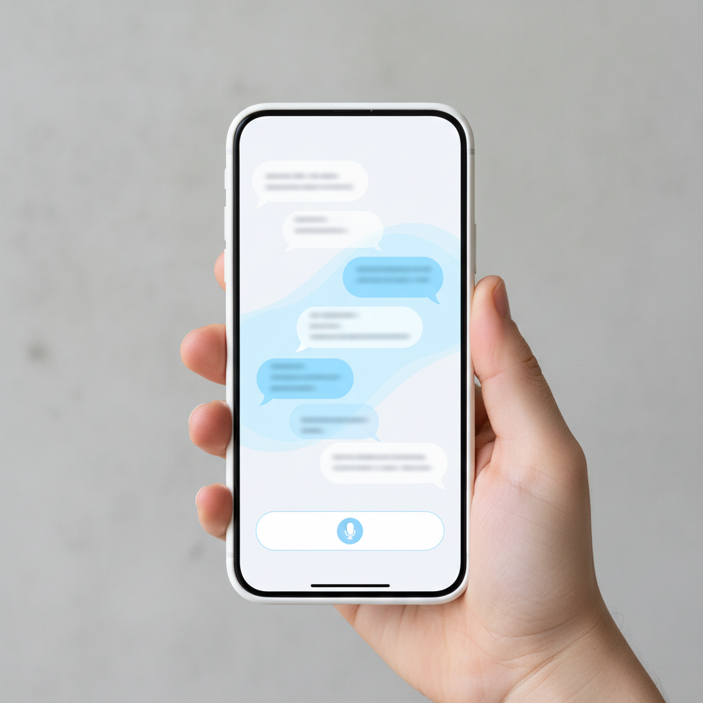 A modern smartphone screen showing an AI chatbot interface. On the screen, chat bubbles are visible, and a microphone icon is integrated seamlessly within the text input area. A person's hand is holding the phone naturally. Clean, bright, and modern design with a textured background. No visible text on the screen, only abstract chat UI elements. Korean appearance for the hand/person if visible. Centered focus.