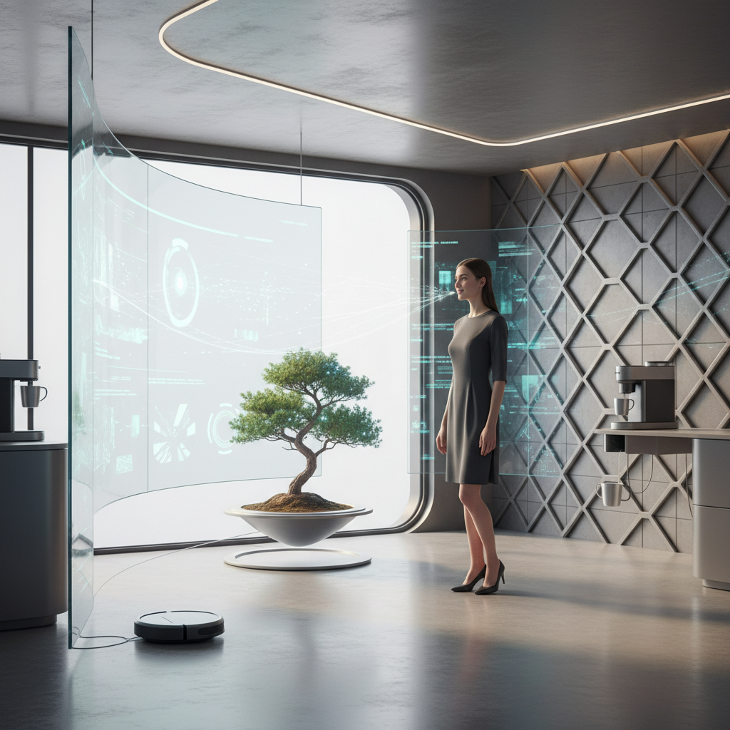 A person effortlessly controlling various smart devices in a futuristic home or office environment using only their voice. Emphasize seamless interaction and advanced voice AI. Lifestyle photography, bright, balanced lighting, modern setting, textured background. No visible text.