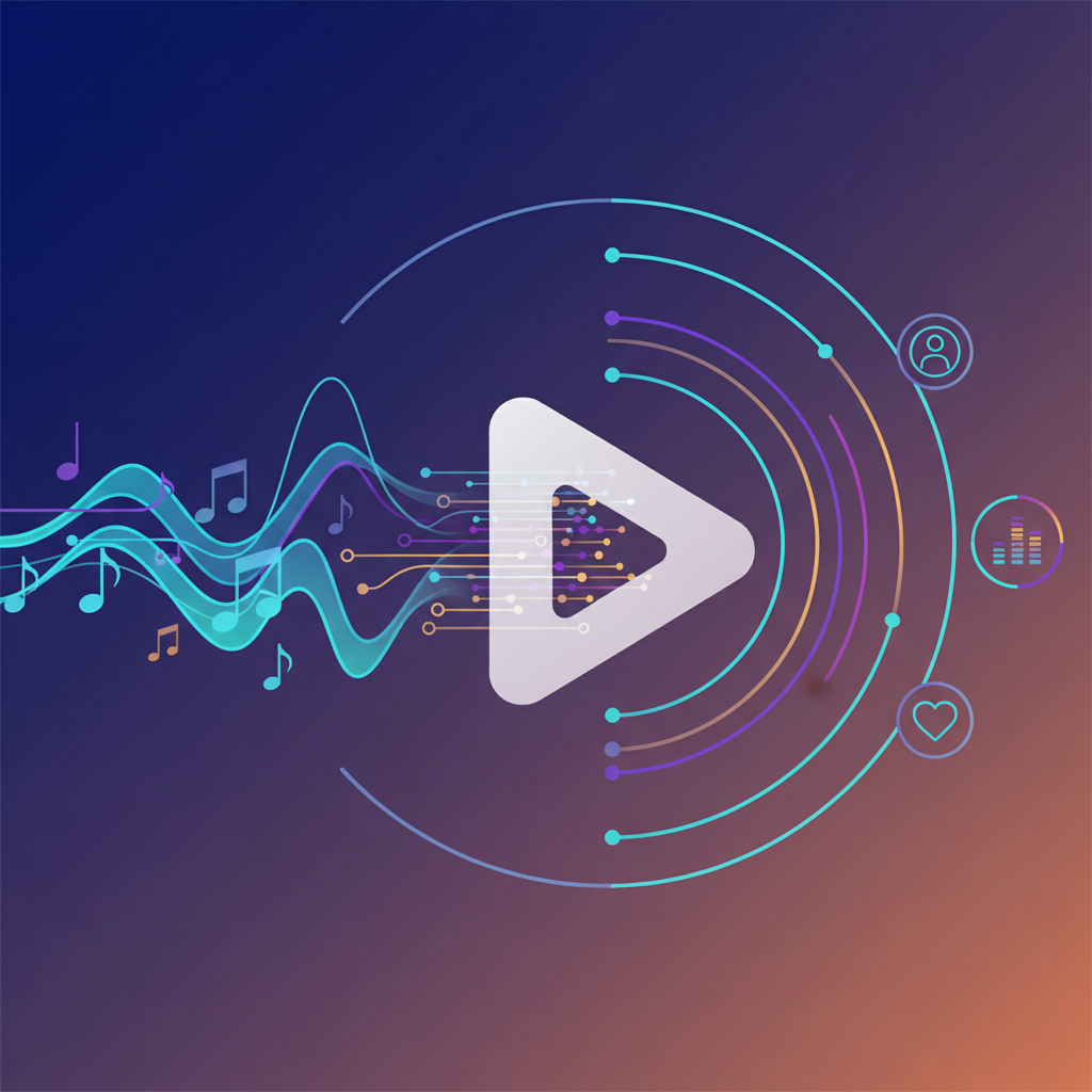 Clean infographic illustrating the integration of music data (represented by notes and waveforms) with a streaming platform (symbolized by a play icon), creating an enhanced user experience. Modern layout, high contrast, gradient background. No text.