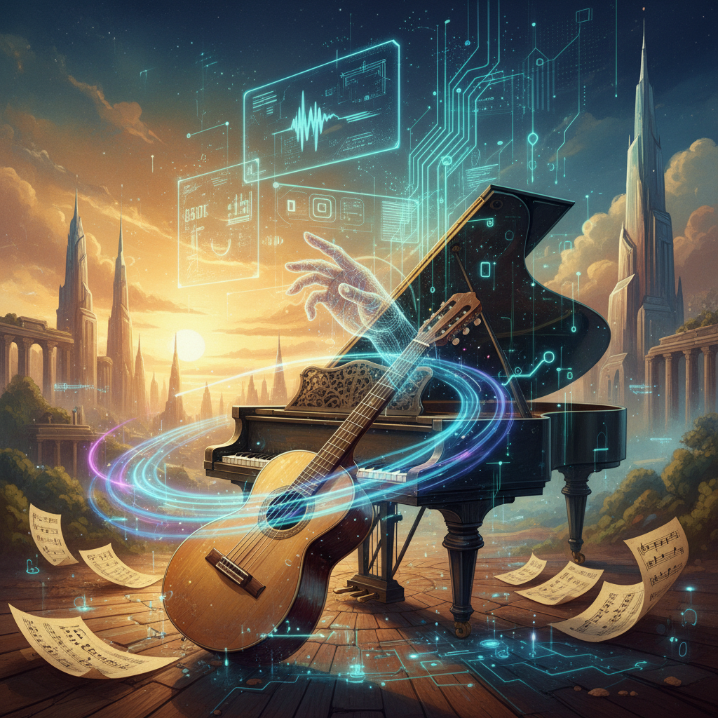A captivating illustration depicting the fusion of traditional music elements (instruments, sheet music) with modern AI interfaces and digital waveforms. The visual should convey harmony and innovation between human creativity and artificial intelligence in a rich, textured setting. No text, artistic rendering.