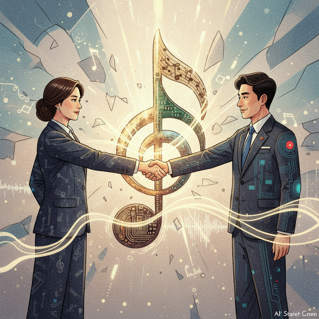 An illustration depicting two opposing sides (representing music labels and AI startups) shaking hands over a stylized music note, signifying a shift from conflict to collaboration. Artistic rendering, textured background, bright lighting. No text. Two Korean appearance people representing the groups.