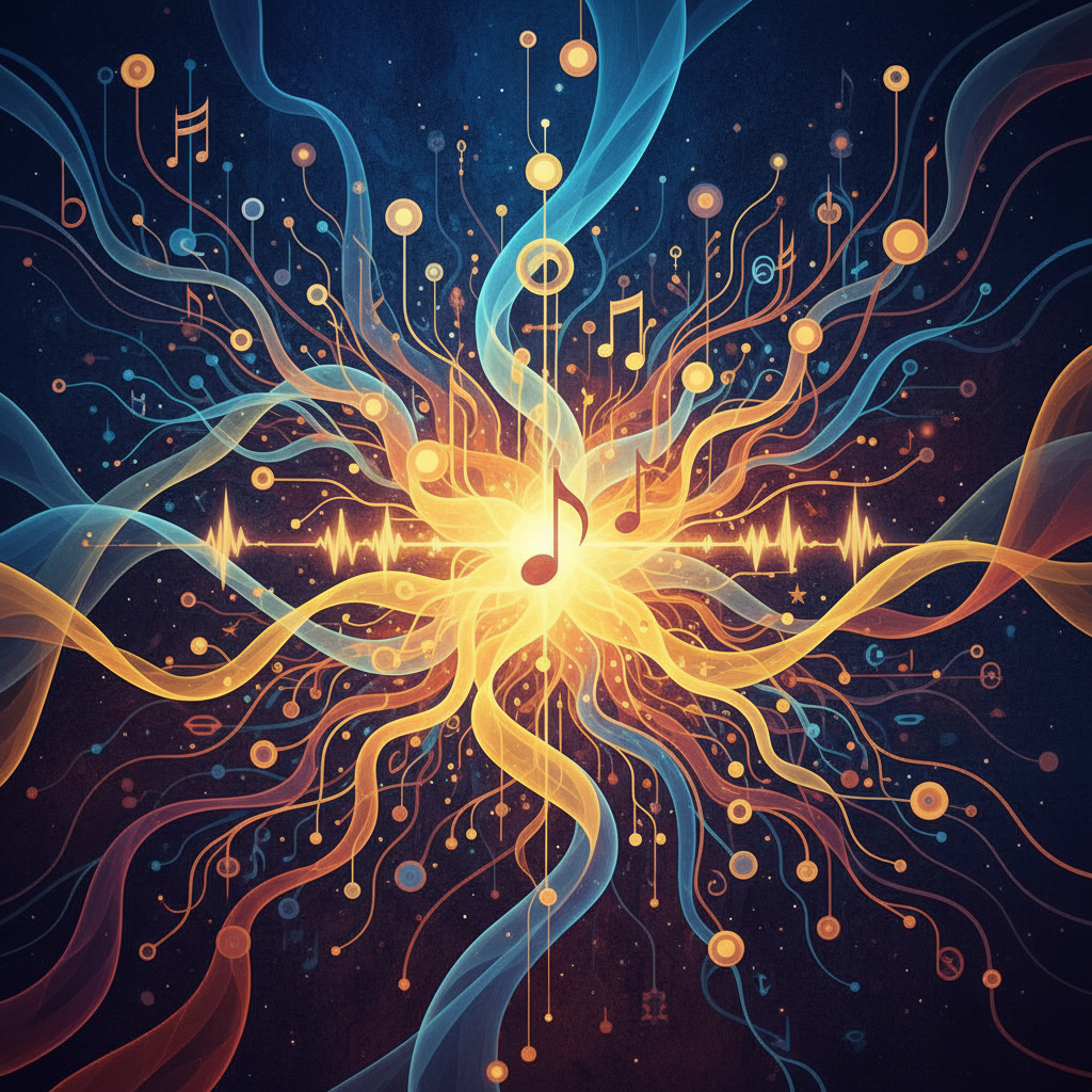 Abstract illustration showing intricate connections between musical notes and waveforms, symbolizing sampling. Artistic rendering, textured background, bright balanced lighting. No text.