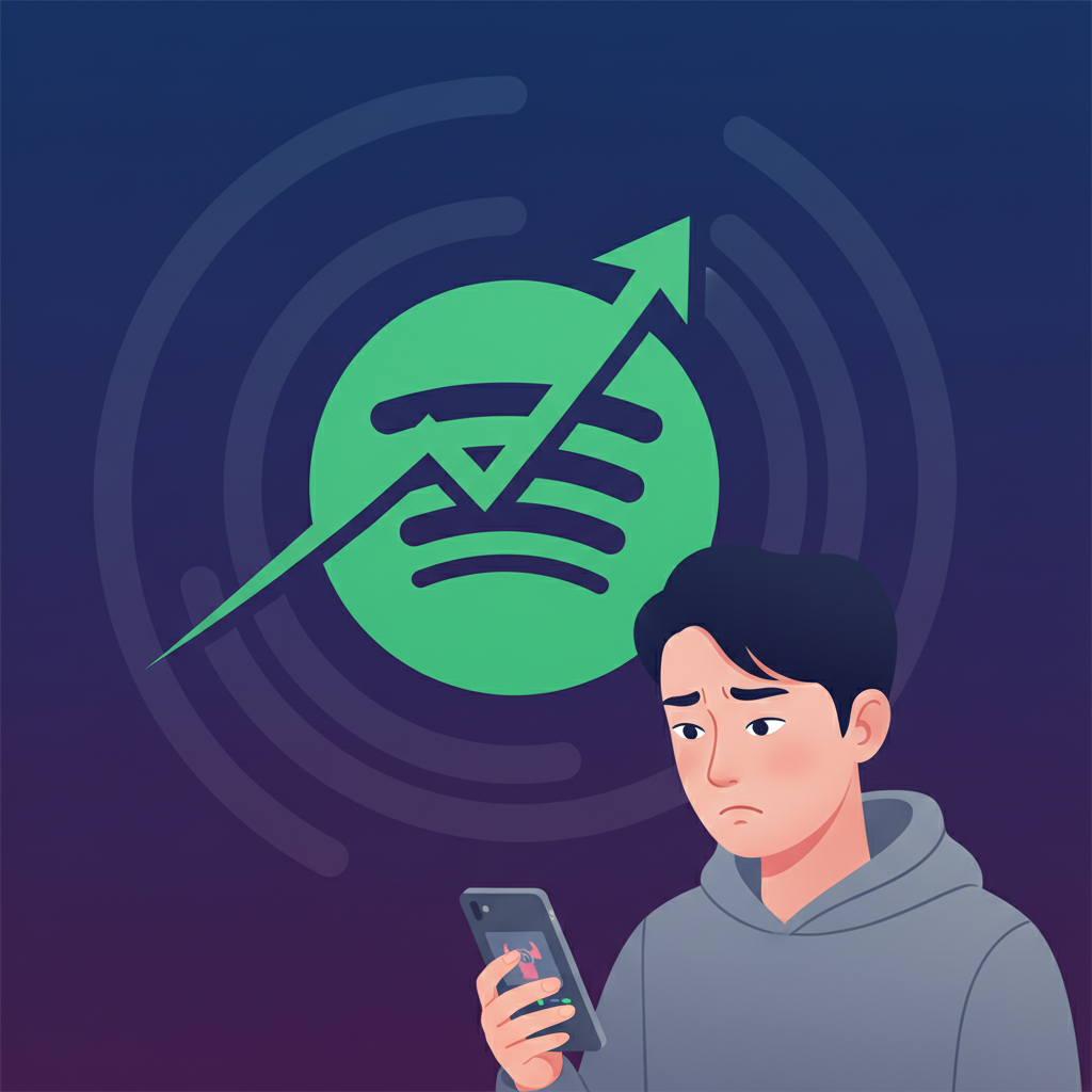 A sleek, modern illustration of the Spotify logo with an upward trend arrow, subtly indicating a price increase. The background is a gradient of deep blues and purples, full of dynamic sound wave patterns. A single, thoughtful Korean person is looking at a smartphone displaying a music app, with a slightly concerned expression. No text.