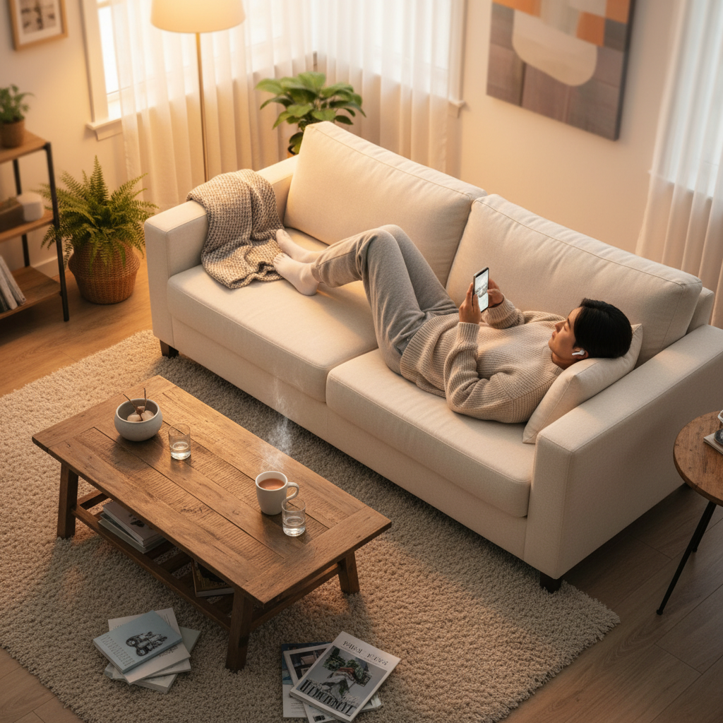 Overhead view of person relaxing on couch using smartphone with earbuds, cozy living room setting with warm lighting, coffee table with drink, comfortable home atmosphere, natural lifestyle photography, Korean appearance, soft focus background, no text visible
