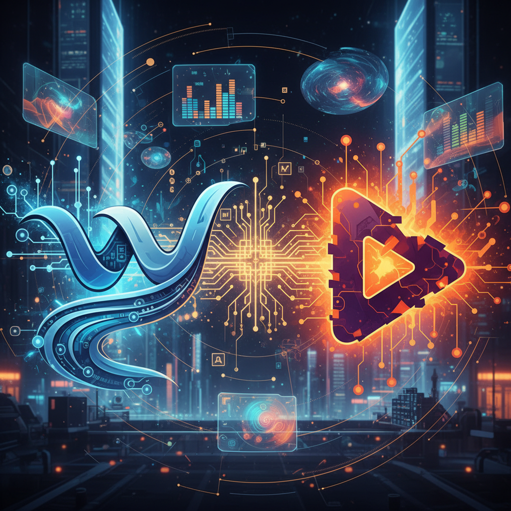 An illustration depicting two abstract, stylized logos or icons representing competing music streaming services (e.g., wavy lines for sound, play buttons), with AI elements (like circuit boards or glowing nodes) connecting or influencing them. The background is dynamic and futuristic. Illustration style, no text in image.