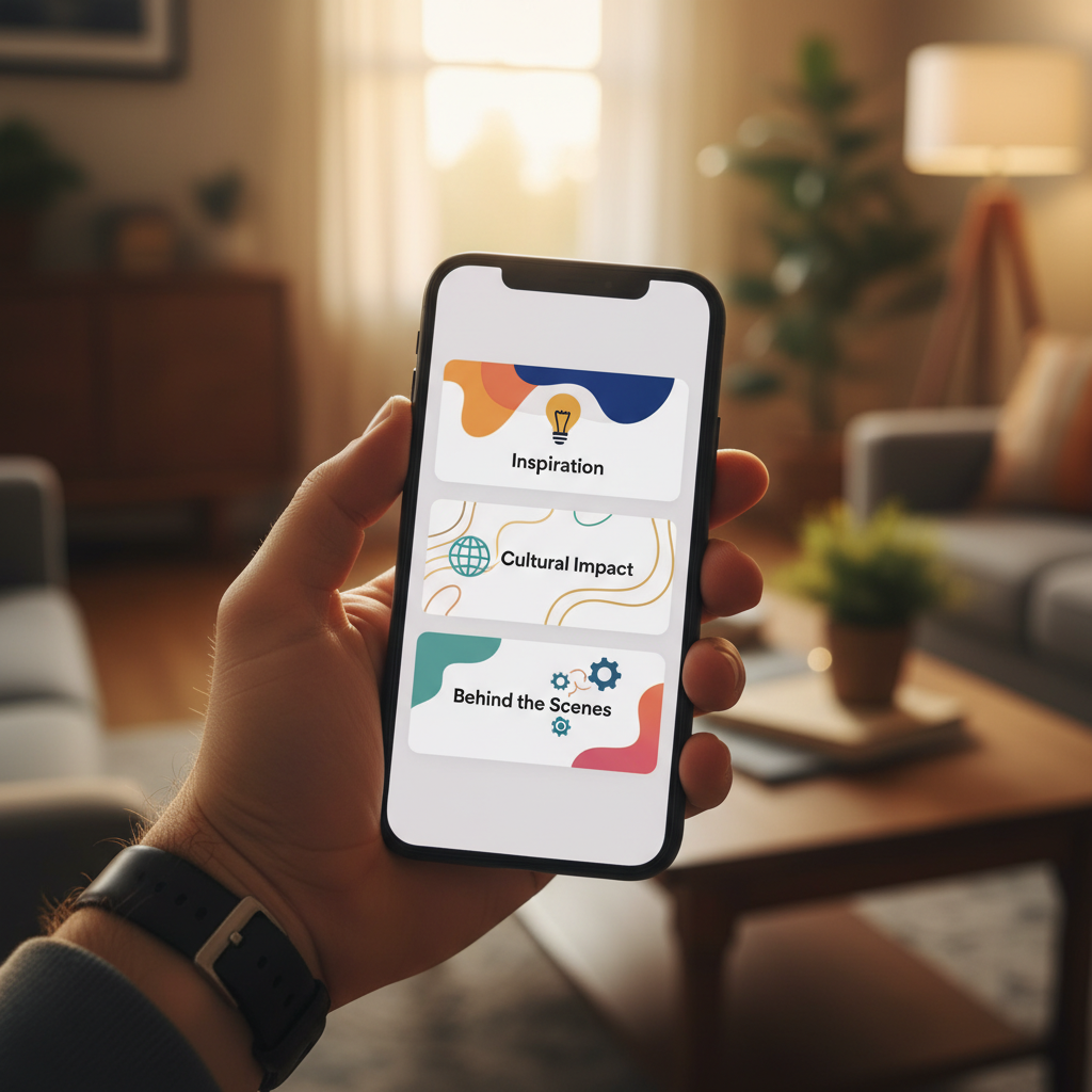 A hand holding a smartphone displaying multiple swipeable cards on the Spotify 'Now Playing' screen. Each card shows a different aspect of a song's backstory, like 'Inspiration', 'Cultural Impact', or 'Behind the Scenes' with subtle graphic elements. The background is a warm, softly blurred living room setting. Style: lifestyle photography, warm lighting, natural setting. No visible text, colored background.