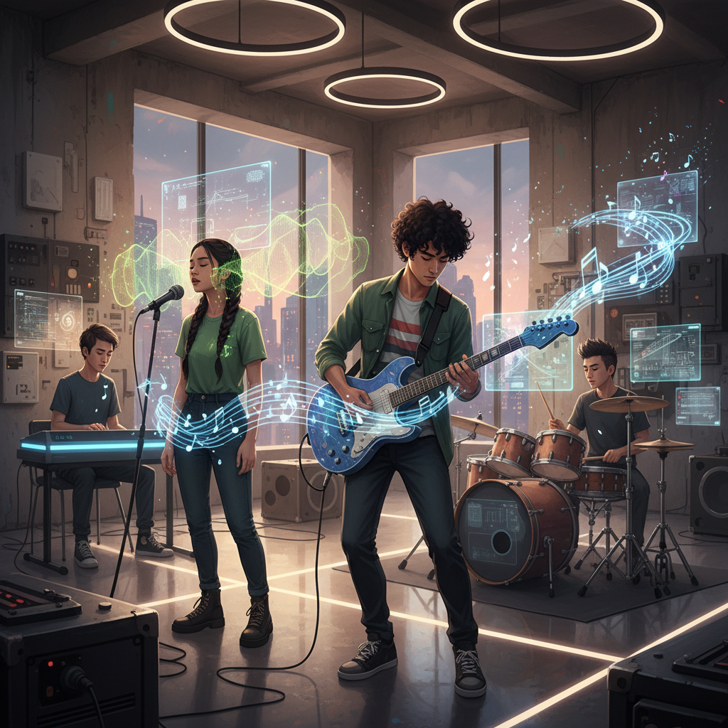 An illustration depicting a diverse group of musicians (Korean appearance) collaborating with abstract AI interfaces. One musician plays a guitar while a glowing AI hologram projects musical notes. Another sings into a microphone, with a visual representation of AI processing sounds. The scene is set in a modern, creative studio with warm, artistic lighting and a textured background. No text.