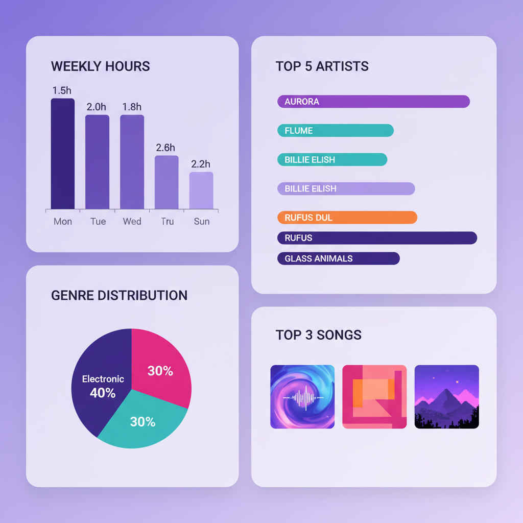 Clean infographic showing weekly music listening statistics with bar charts and pie graphs, top artists and songs visualization, modern data analytics style, vibrant colors with purple theme, minimalist design, full frame composition, no text in image