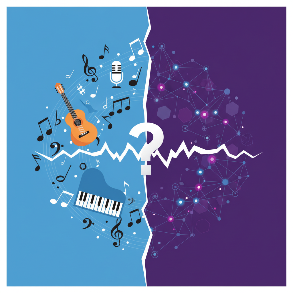An infographic illustrating the tension between music creativity and artificial intelligence. On one side, musical notes and instruments, on the other, abstract AI neural network symbols. Clear lines separating them, with a question mark in the middle. Style: clean infographic, modern layout, high contrast. No visible text. Korean appearance for people if any, but focus on concepts.