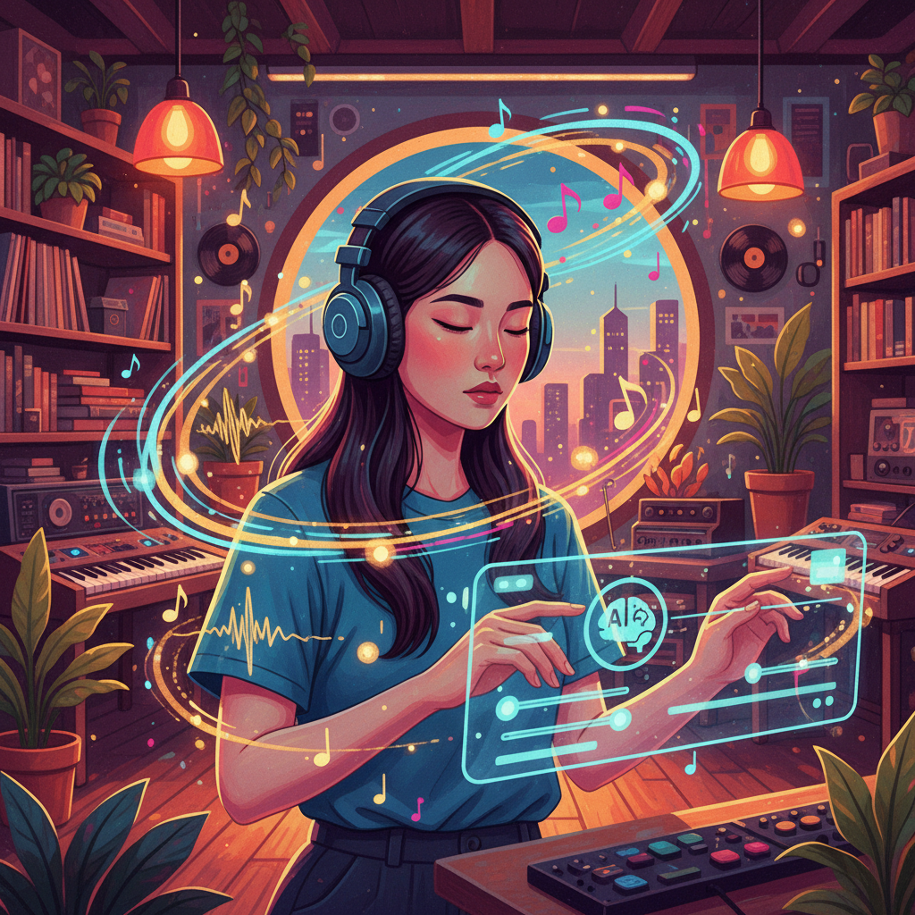 illustration, artistic rendering, textured background, a Korean artist with headphones, surrounded by musical notes and abstract sound waves, creating music with AI tools. The background shows a creative, vibrant studio space with warm, inviting colors. No visible text in image.