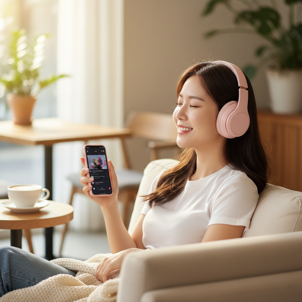 A young Korean woman with a genuine smile is enjoying music through headphones while looking at her smartphone, which displays the TikTok app. She is in a comfortable, modern setting, perhaps a cozy cafe or a bright living room. The lighting is soft and natural, emphasizing a relaxed and joyful moment. Style: lifestyle photography, warm lighting, natural setting. No visible text in image.