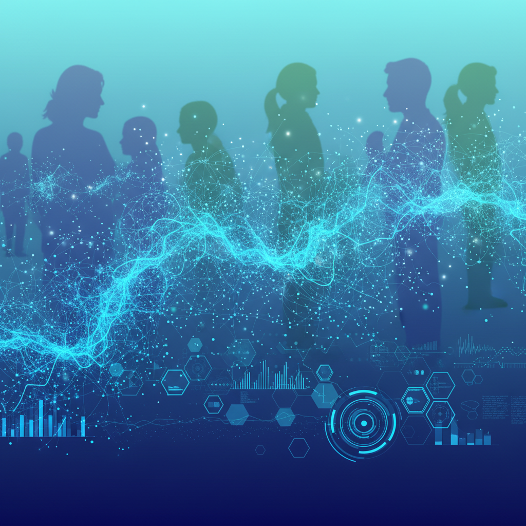 Abstract visualization of medical AI algorithm with data streams, neural network patterns, diverse patient silhouettes in background, futuristic digital interface, blue and teal gradient background, high-tech medical concept, clean modern design, no text