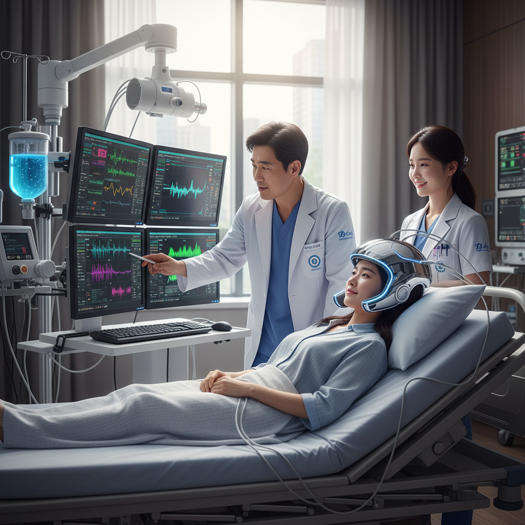Medical neurotechnology treatment scene in modern hospital, Korean patient wearing brain-computer interface device, doctor monitoring brain activity on screens, hopeful atmosphere with advanced medical equipment, professional healthcare photography, natural lighting, no text in image