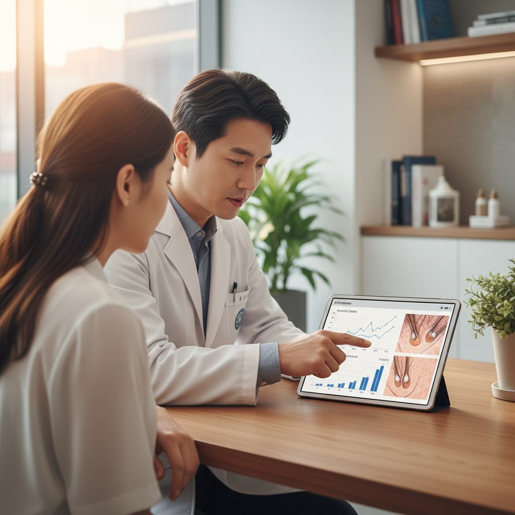 A Korean doctor and a patient reviewing hair analysis results on a tablet in a modern clinic. The tablet screen displays detailed hair density graphs and scalp images. The doctor is pointing to the screen, explaining the findings to the patient who looks attentive. The background shows a clean, professional medical setting. Style: lifestyle photography, warm lighting, natural setting. No text.