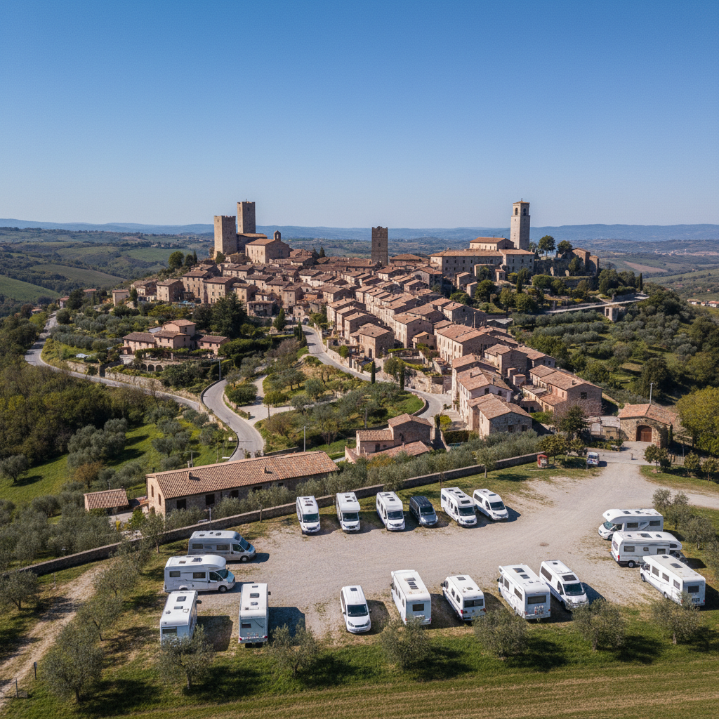 A stunning panoramic view of Brisighella, Italy, a charming medieval hill village with winding cobblestone streets and historical buildings. In the foreground, a spacious and easily accessible RV parking area is subtly visible. The sky is bright and clear, and the overall atmosphere is inviting and serene. Style: realistic landscape photography, natural lighting, rich in architectural detail. No visible text.