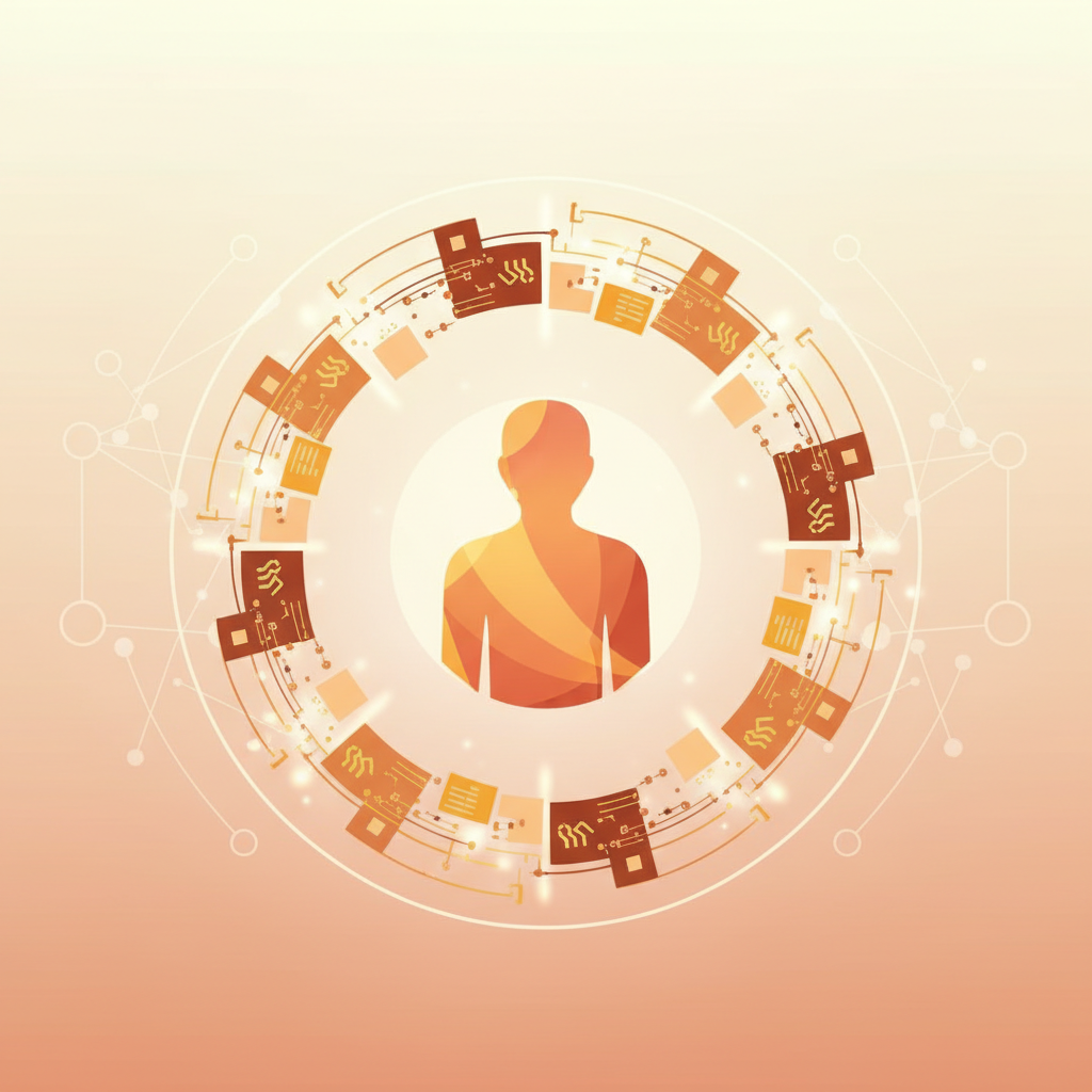Clean infographic style illustration showing human silhouette at center surrounded by protective AI elements, balanced composition with warm colors, showing harmony between humans and technology, minimal design with clear visual hierarchy, no text