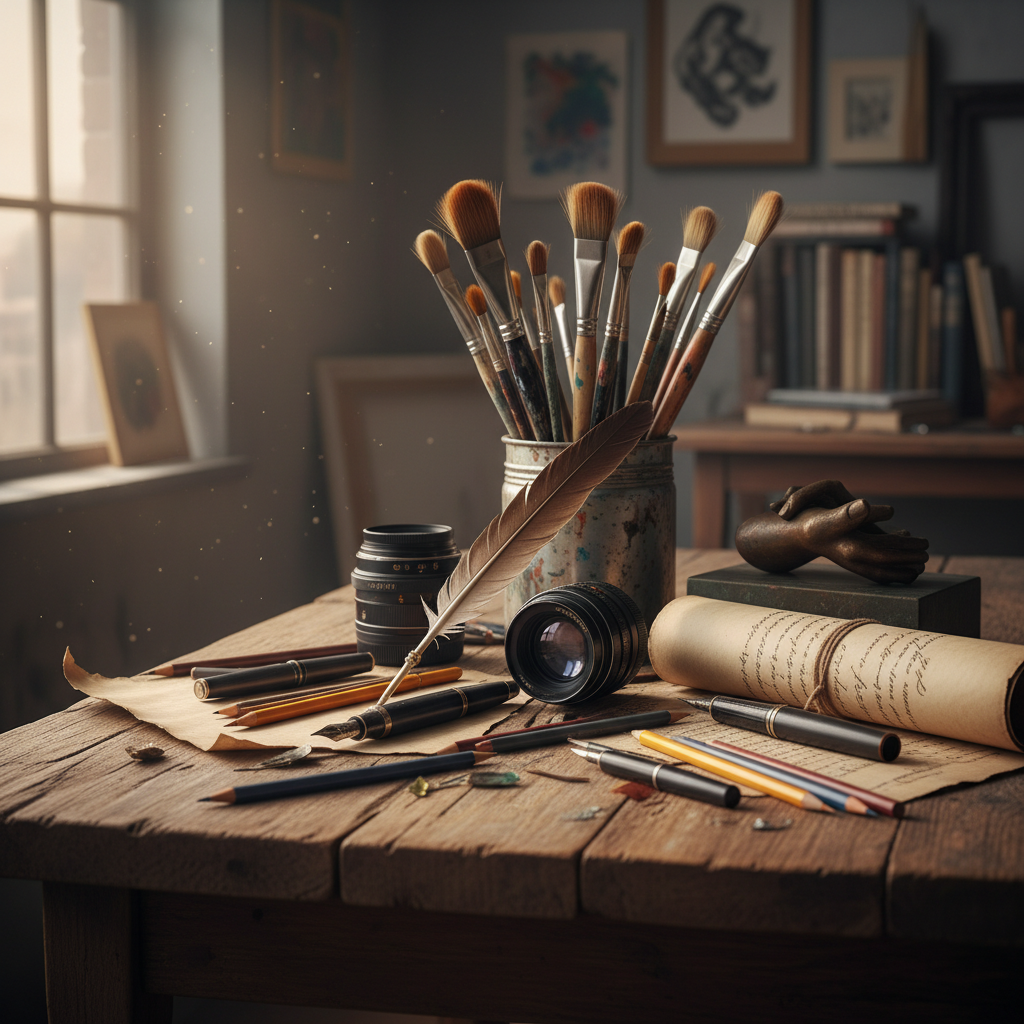 A vibrant still life photograph featuring a collection of diverse art and writing tools: paintbrushes, pens, pencils, a script, a camera lens, and a small sculpture. The items are arranged aesthetically on a rustic wooden table with natural light streaming in, symbolizing human creativity. Style: still life photography. No text.