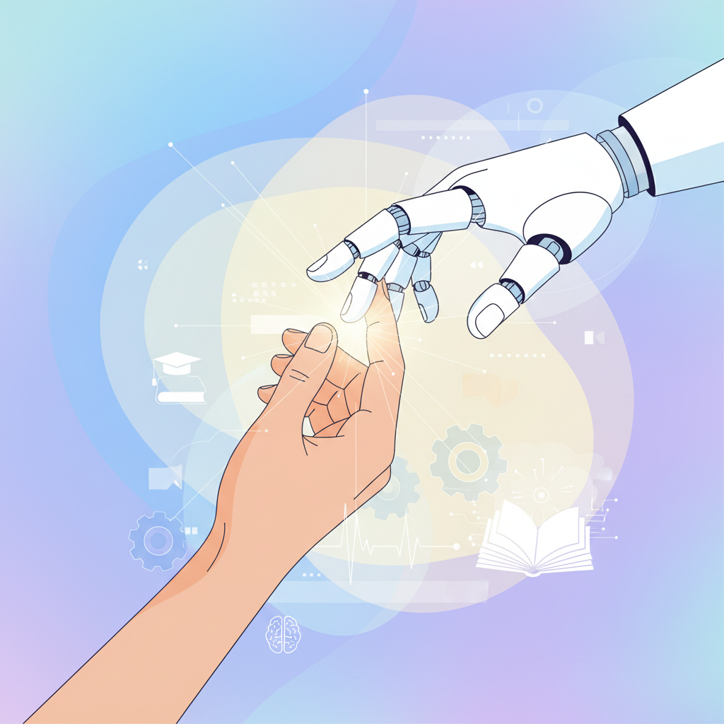 An abstract illustration of a human hand and a robotic hand gently touching or collaborating, symbolizing the harmonious integration of AI and human intelligence in a futuristic educational setting. The background is soft and gradient, conveying a sense of innovation and hope. Style: modern illustration with clean lines and bright, optimistic colors. No text.