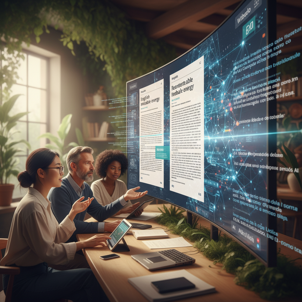 A diverse group of human editors and AI interfaces collaboratively improving and translating articles on a large digital screen, depicting seamless teamwork and knowledge enhancement. Lifestyle photography, warm lighting, natural setting, colored background, no text
