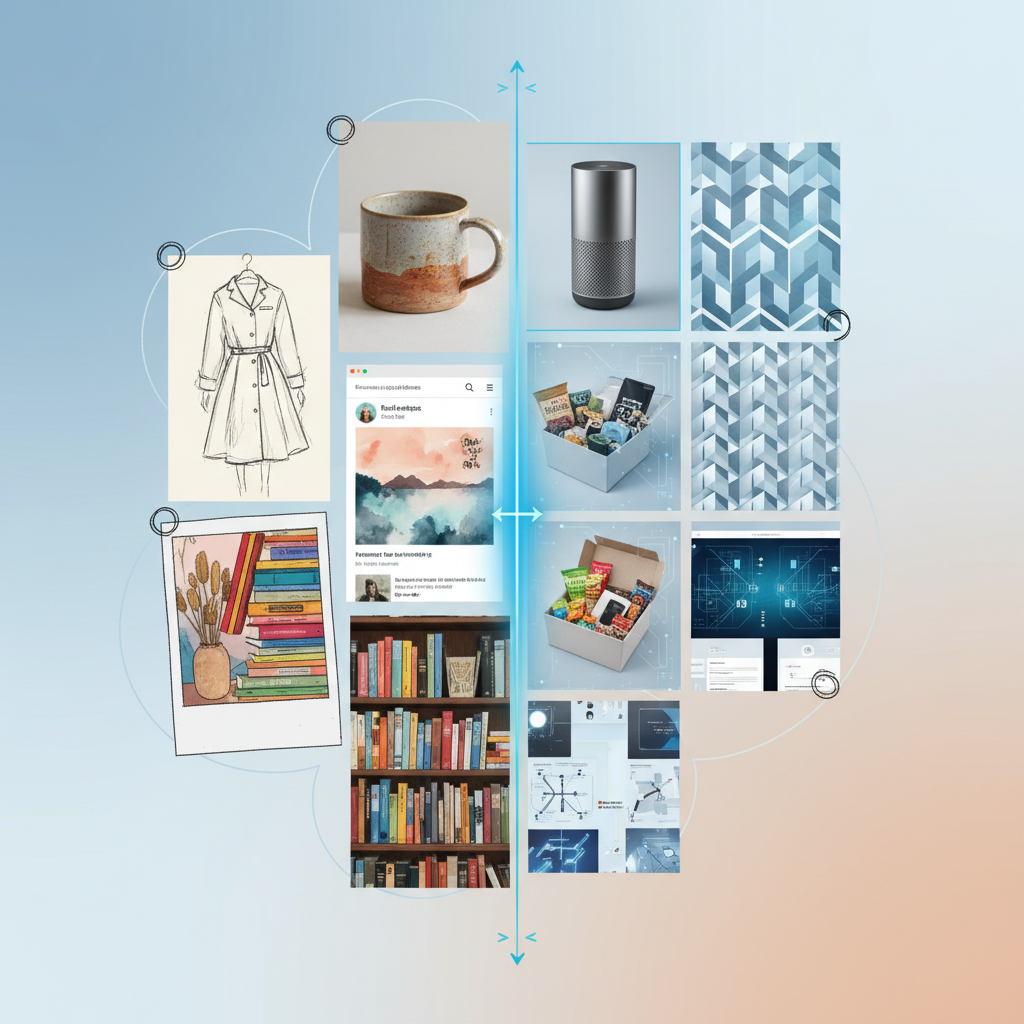 A vibrant illustration showcasing a Pinterest board where various images and products are curated. Half of the board visibly shows human-selected items with an artistic touch, while the other half demonstrates AI-recommended items based on user data, blending seamlessly. Clean, modern style. No text.