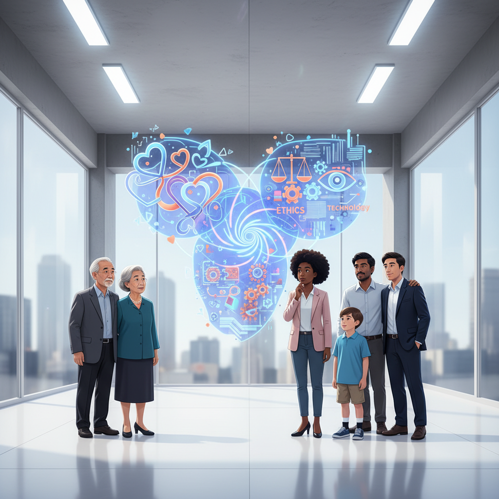 A diverse group of people from different generations contemplating a futuristic holographic display that projects abstract concepts of love, ethics, and technology merging together, in a brightly lit, modern setting. Style: clean infographic, modern layout, high contrast. No text.