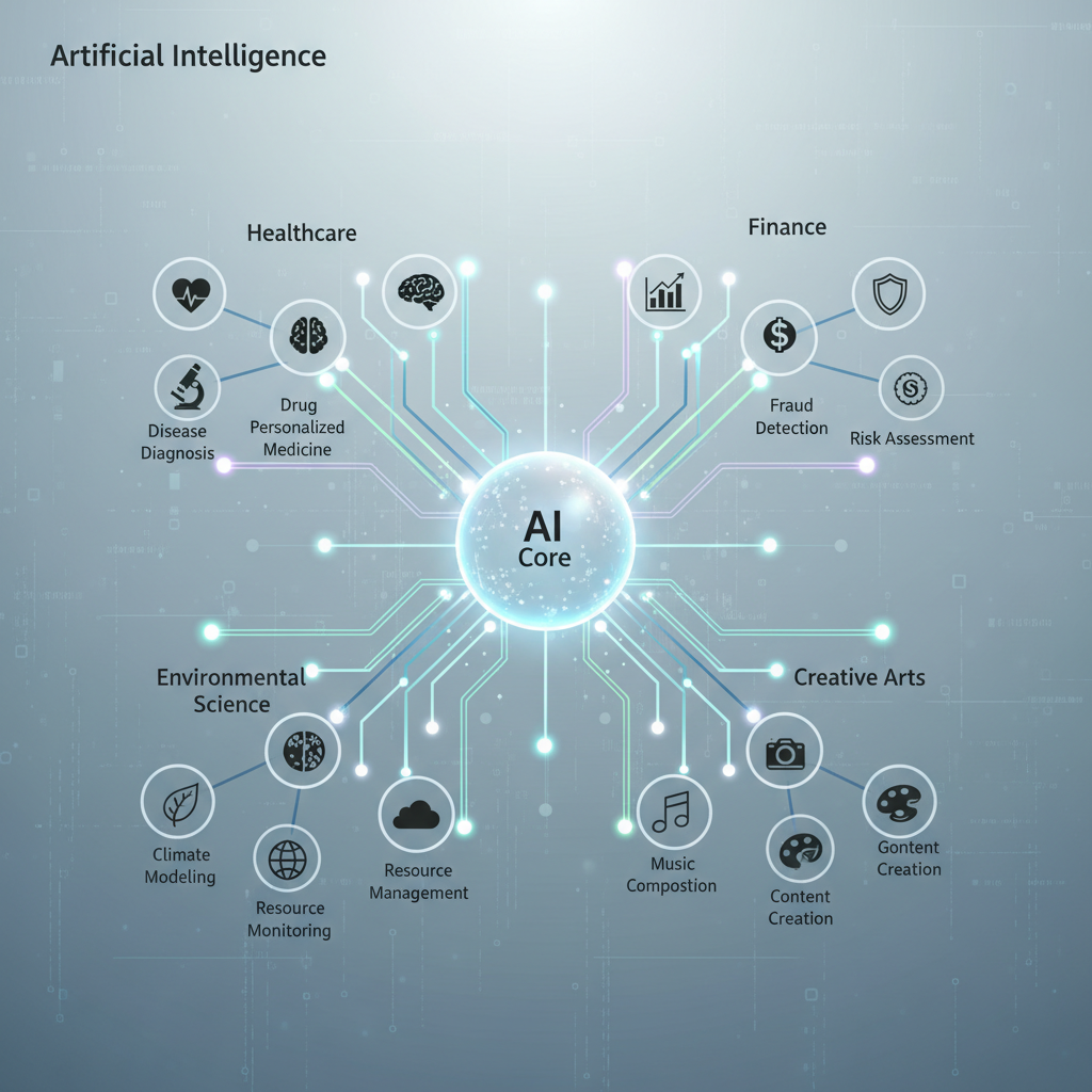 A futuristic, clean infographic showing a diverse range of AI applications in various sectors like healthcare, finance, environmental science, and creative arts, represented by interconnected lines and nodes radiating from a central point. Bright, balanced lighting, high contrast. Textured light blue and grey background. No text in image.