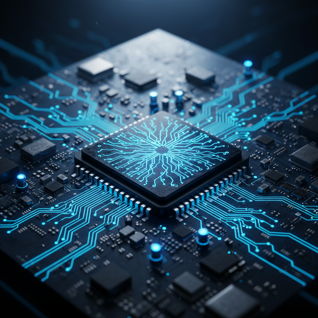 High-tech AI semiconductor chip on circuit board with glowing blue neural network patterns, futuristic technology concept with dramatic lighting, detailed macro photography showing intricate electronic components, dark blue and silver color scheme, professional product photography style, no text