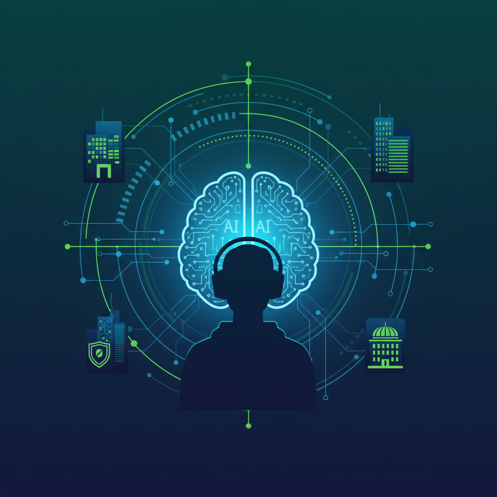 clean infographic, modern layout, high contrast. A cyber hacker with a glowing AI brain symbol, surrounded by complex digital code and network lines, targeting secure corporate and government buildings. The hacker has an Asian appearance. Bright, balanced lighting, dark blue and green color scheme. No text in image.