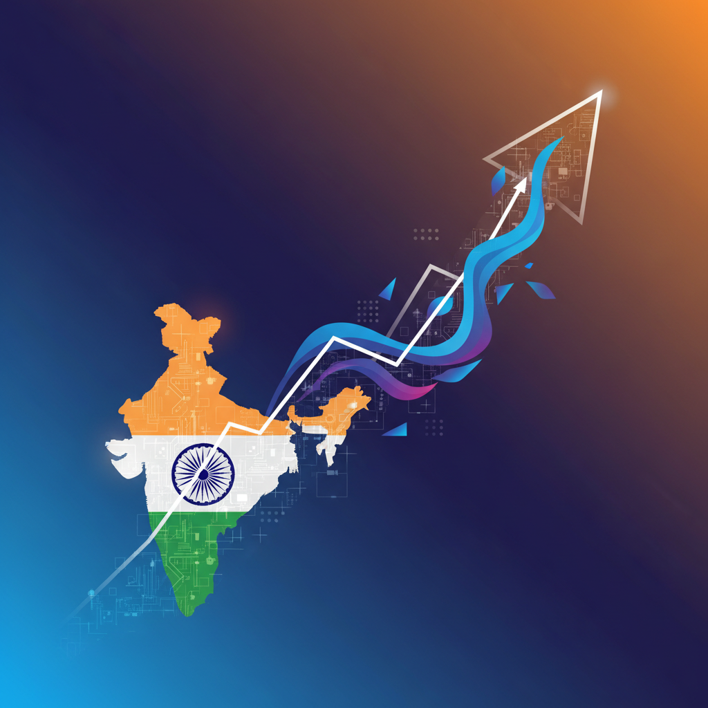 A vibrant infographic showing a rising arrow graph with 'AI' and 'India' keywords, modern layout, high contrast, colored background. No visible text.