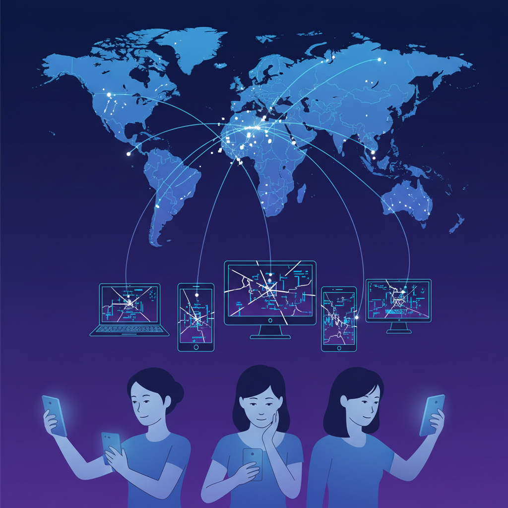 A visually striking clean infographic showing a global internet outage, with abstract network lines breaking and digital devices experiencing disruption. The background is a gradient of deep blue to purple, conveying a sense of instability. Korean appearance characters are shown calmly observing the situation from their smart devices. No visible text.