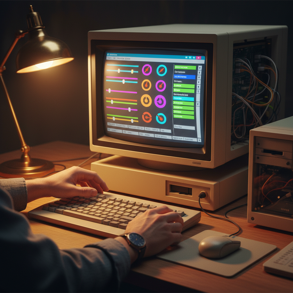 Close-up of hands adjusting design parameters on vintage computer interface, colorful UI elements with sliders and menus, warm desk lamp lighting, detailed computer screen showing design tools, retro technology aesthetic, no text