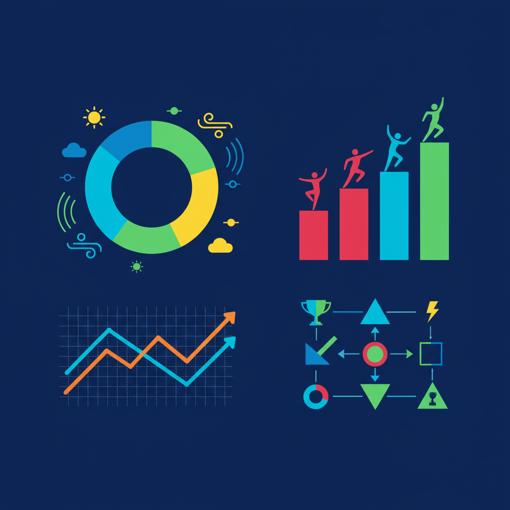 A clean infographic showing data visualization with various elements like charts and diagrams, representing weather or sports information. The style is modern, high contrast, with a colored background. The image should convey information visually without actual text in English or Korean, focusing on shapes and abstract symbols. No text.