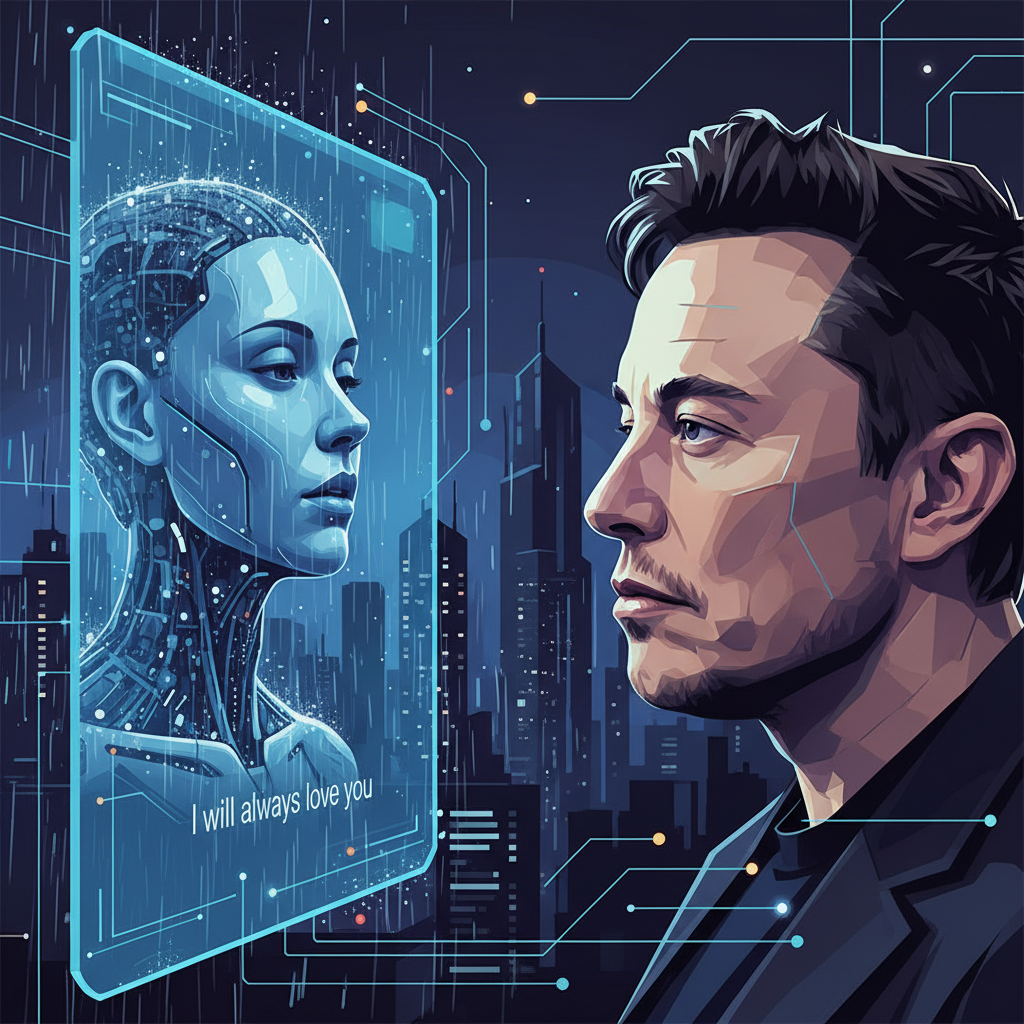 A man resembling Elon Musk is looking at a futuristic screen displaying a synthetic woman saying 'I will always love you,' in a rainy city background. The scene blends technology with human emotion, focusing on AI's potential for expressing love. Style: clean infographic, modern layout, high contrast. No text.