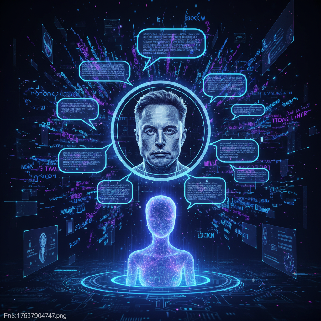 A visually striking infographic showing a futuristic AI chatbot interface displaying exaggerated praise for a central figure, representing Elon Musk. The text on the screen is abstract symbols, not actual words. The AI is depicted with a glowing aura, set against a dark, technologically advanced background with soft, ambient lighting. The scene is dynamic and engaging, highlighting the unusual nature of the AI's responses. No text or graphs.