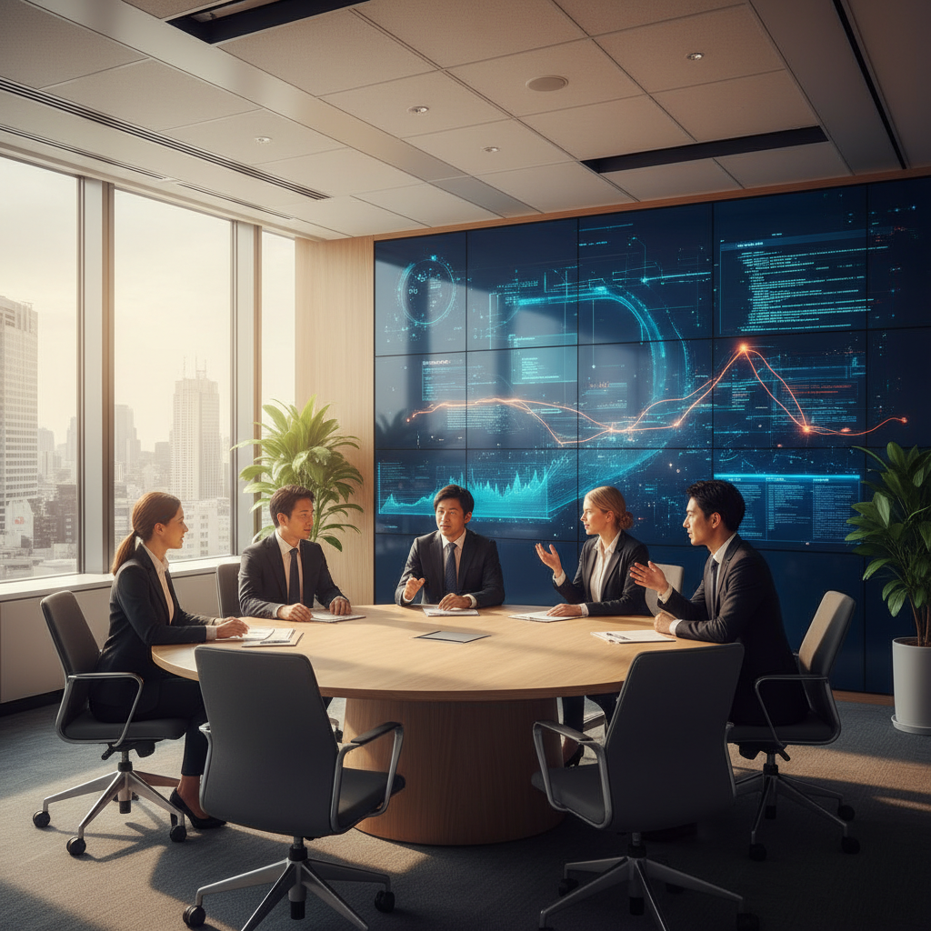Modern Japanese corporate meeting room with diverse business professionals discussing AI strategy, digital screens showing data analytics, natural daylight through large windows, professional photography, realistic details, warm tones, no text