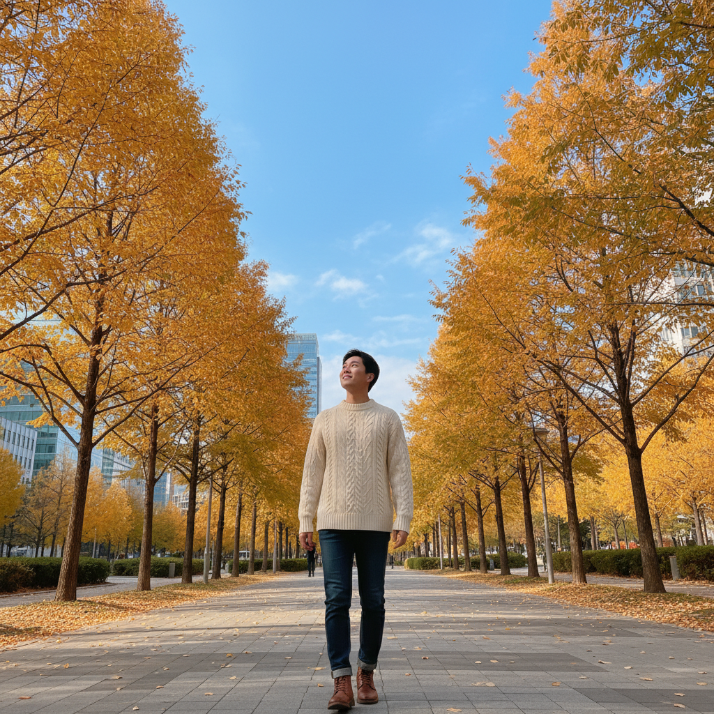 Korean person walking in urban park, looking up at sky with peaceful expression, autumn trees with golden leaves, natural daylight, warm atmosphere, lifestyle photography, moment of mindfulness, gradient blue sky background, no text