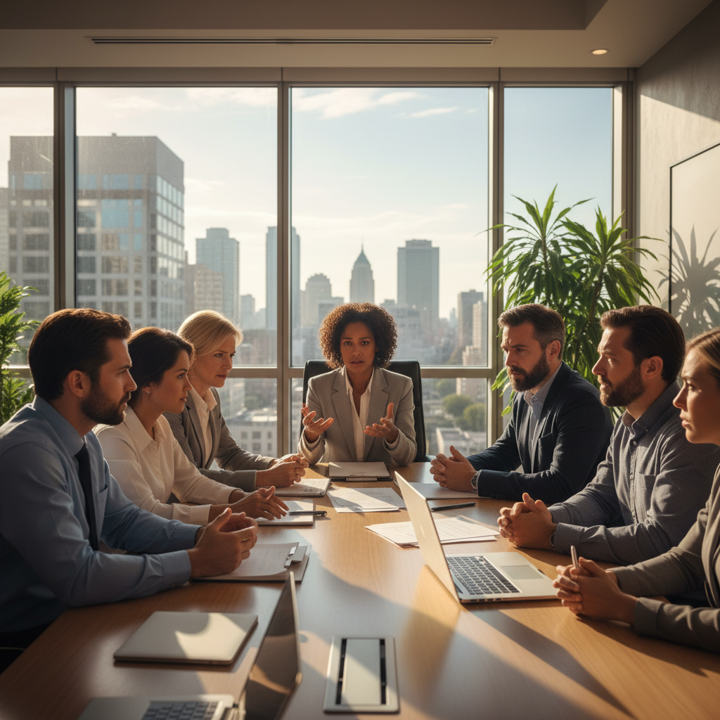 Diverse group of government office workers in a meeting room discussing concerns, worried expressions, modern conference room with glass walls, natural afternoon lighting, realistic photography style showing human emotion and workplace dynamics, no text in image