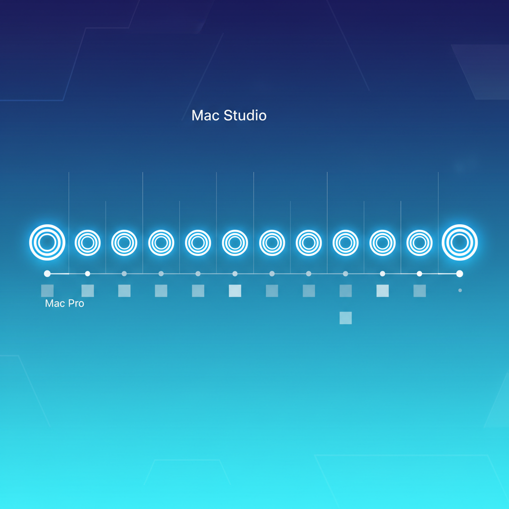 A conceptual, clean infographic illustration with visual cues, no text. A timeline depicting key milestones for Apple's desktop lineup. The Mac Studio has frequent, prominent update markers, while the Mac Pro has only sparse, smaller markers that are less distinct, illustrating a history of delayed updates. Modern, high-contrast, professional style with a gradient tech background. No visible text.