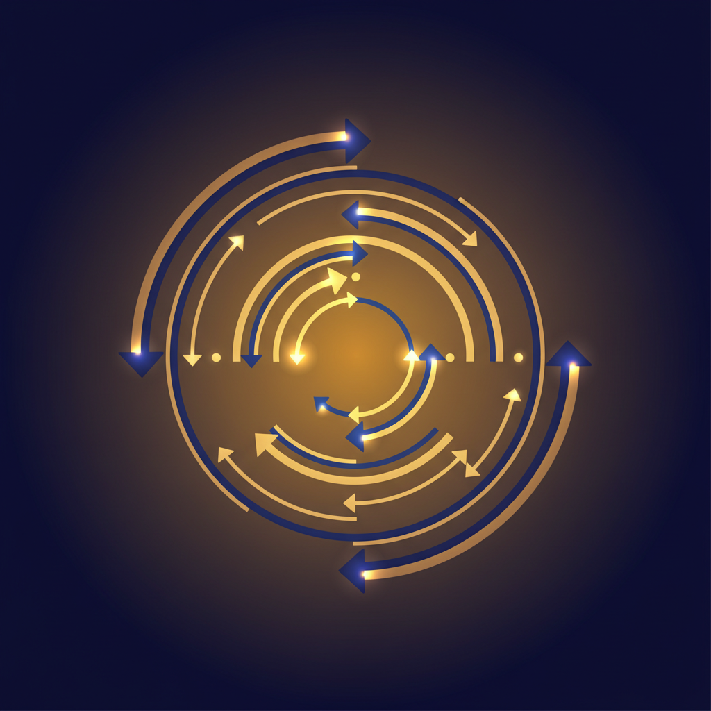 Abstract business illustration showing interconnected financial networks with arrows forming circular patterns, modern tech aesthetic with glowing nodes, deep blue and gold gradient background, infographic style, no text, clean minimalist design