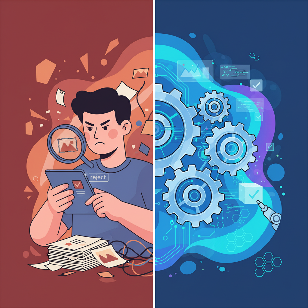 A split image or comparison. One side shows a person manually checking an image on a tablet. The other side shows an automated system with gears and digital signals, smoothly processing content without human intervention. Modern illustration, clear distinction, high contrast. Dynamic, multi-color background. No text.