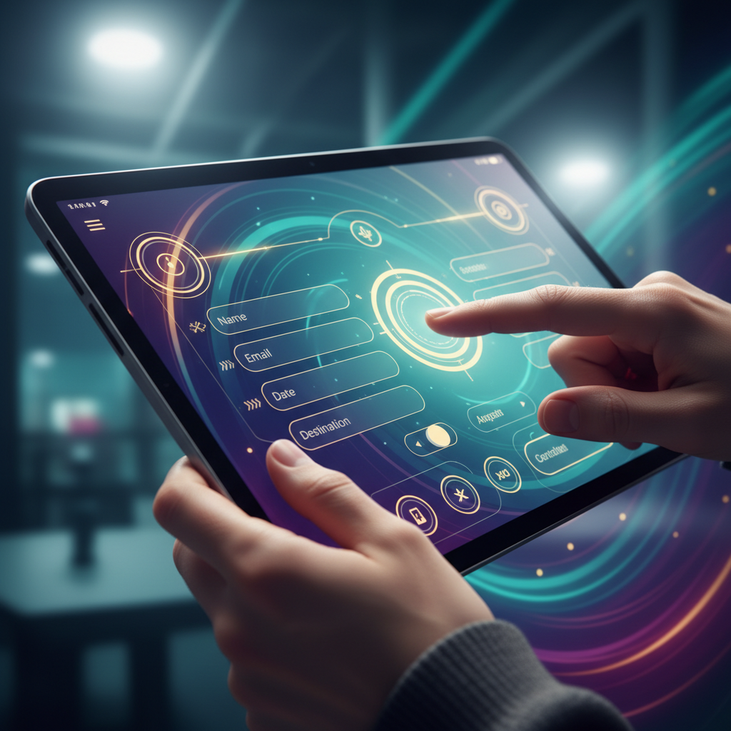 Close-up of tablet screen showing booking interface with auto-filled fields appearing smoothly, colorful UI elements, modern app design, hands interacting with touchscreen, bright indoor lighting, teal and purple gradient background, dynamic composition, no text visible