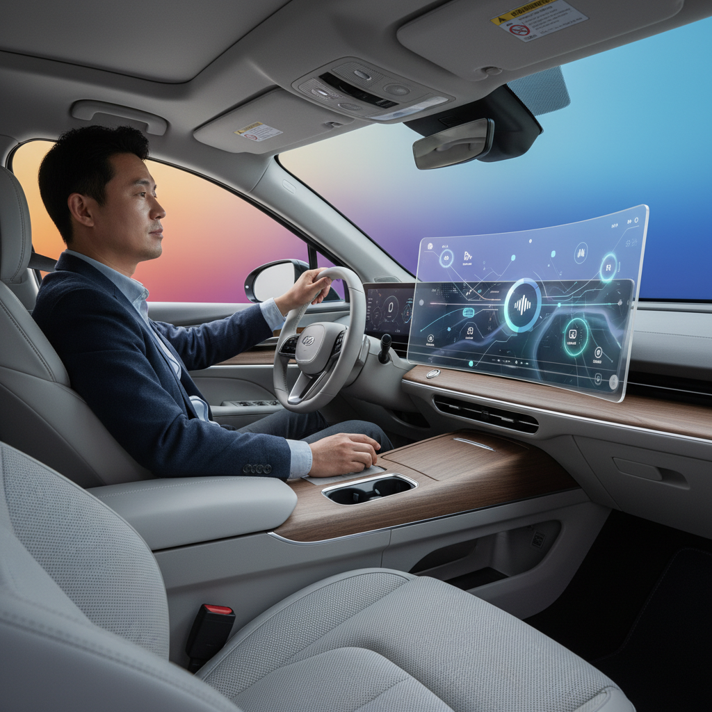 A modern car interior with a Korean driver naturally interacting with the in-car display, which shows a clean, futuristic UI. The driver has a relaxed expression, using natural voice commands. Focus on the seamless integration of AI in a sophisticated automotive setting, with soft, balanced lighting. Colored gradient background, no text.