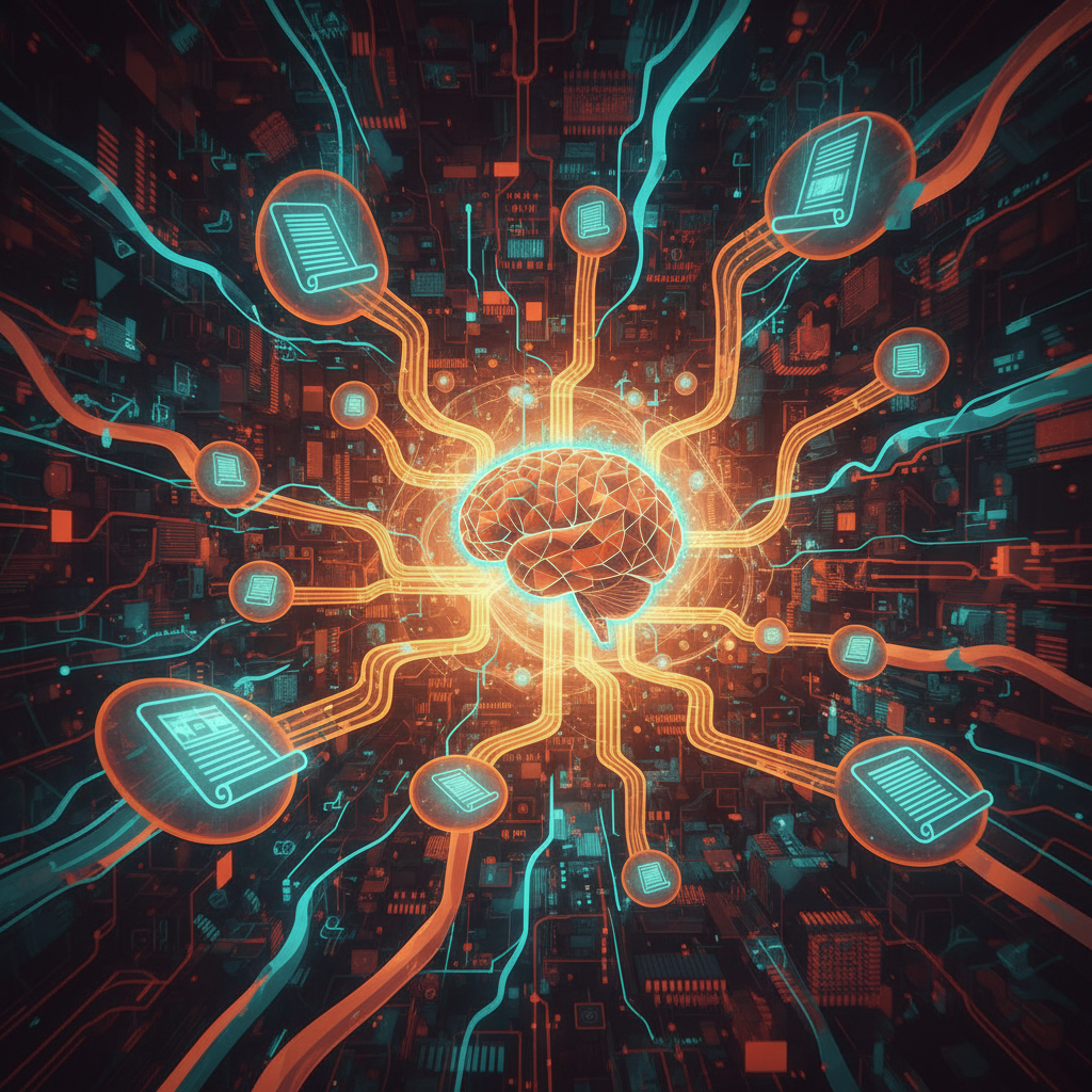 Conceptual illustration of automated research workflow with interconnected nodes, documents flowing through a digital pipeline, and AI brain processing information. Warm orange and teal color scheme with dynamic movement. Rich textured background with circuit patterns. No text.