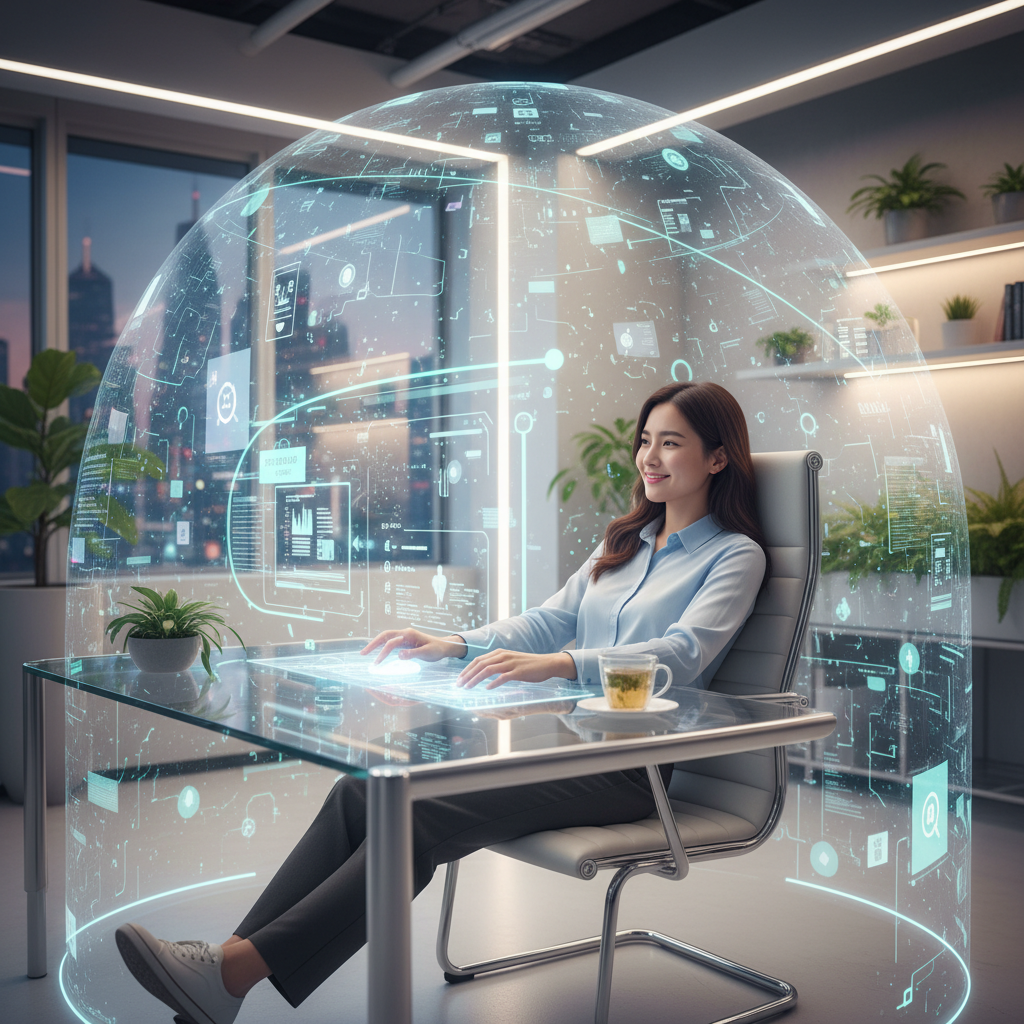 A person sitting at a desk, looking relaxed and productive, surrounded by futuristic, interconnected digital elements representing automated workflows. The overall atmosphere is calm and efficient. Lifestyle photography style. Korean person. No text in image.