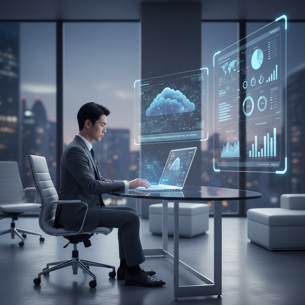 Professional business person using laptop with holographic data visualization interface, natural language query being processed, clean modern office setting with soft lighting, digital dashboard displaying business analytics, futuristic yet realistic style with blue and purple gradient background, Korean appearance person focused on screen, no text