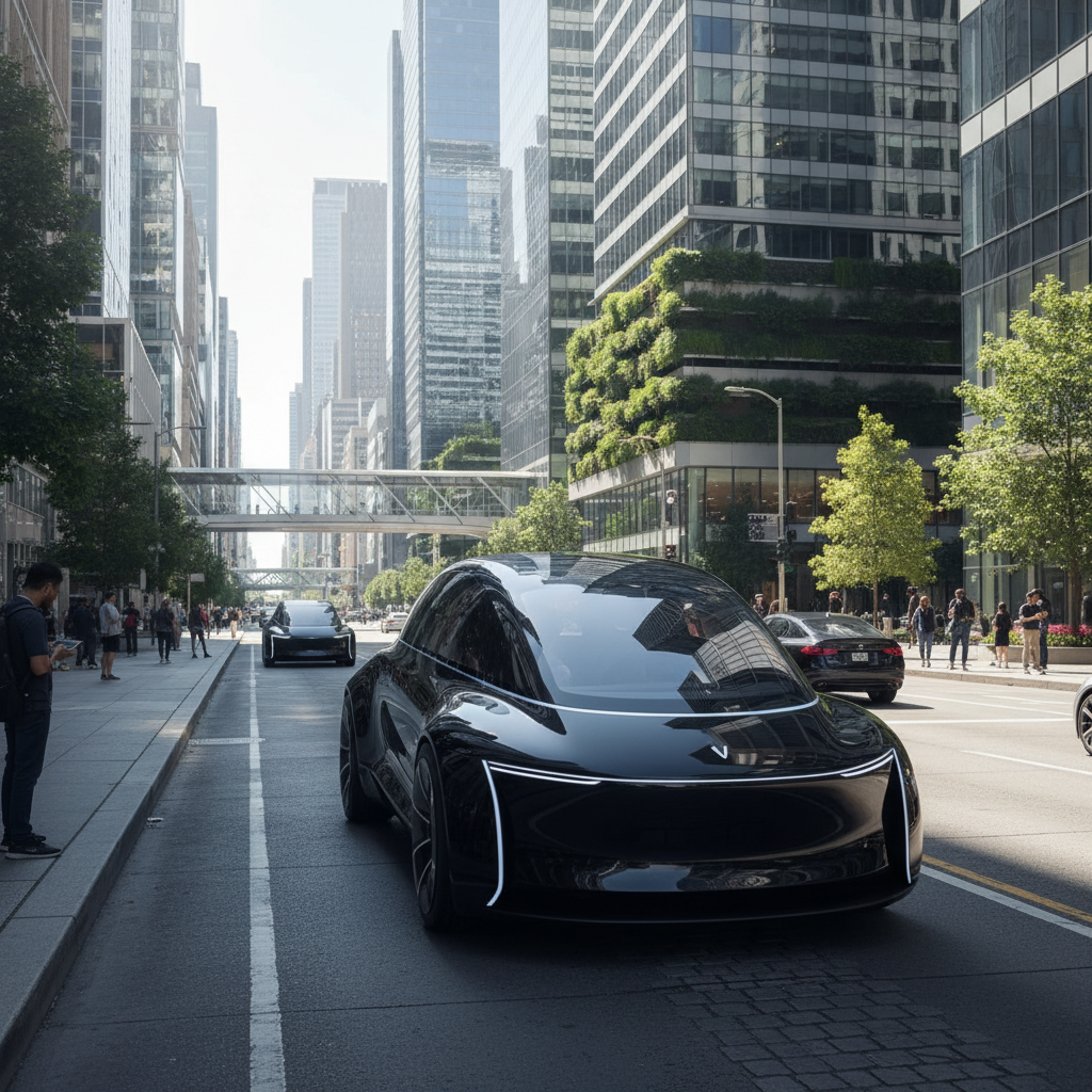 Lifestyle photography of a sleek autonomous vehicle driving on a modern city street, blending seamlessly with the urban environment. Emphasize advanced technology and a sense of calm. Bright, natural lighting, textured background. No visible text.
