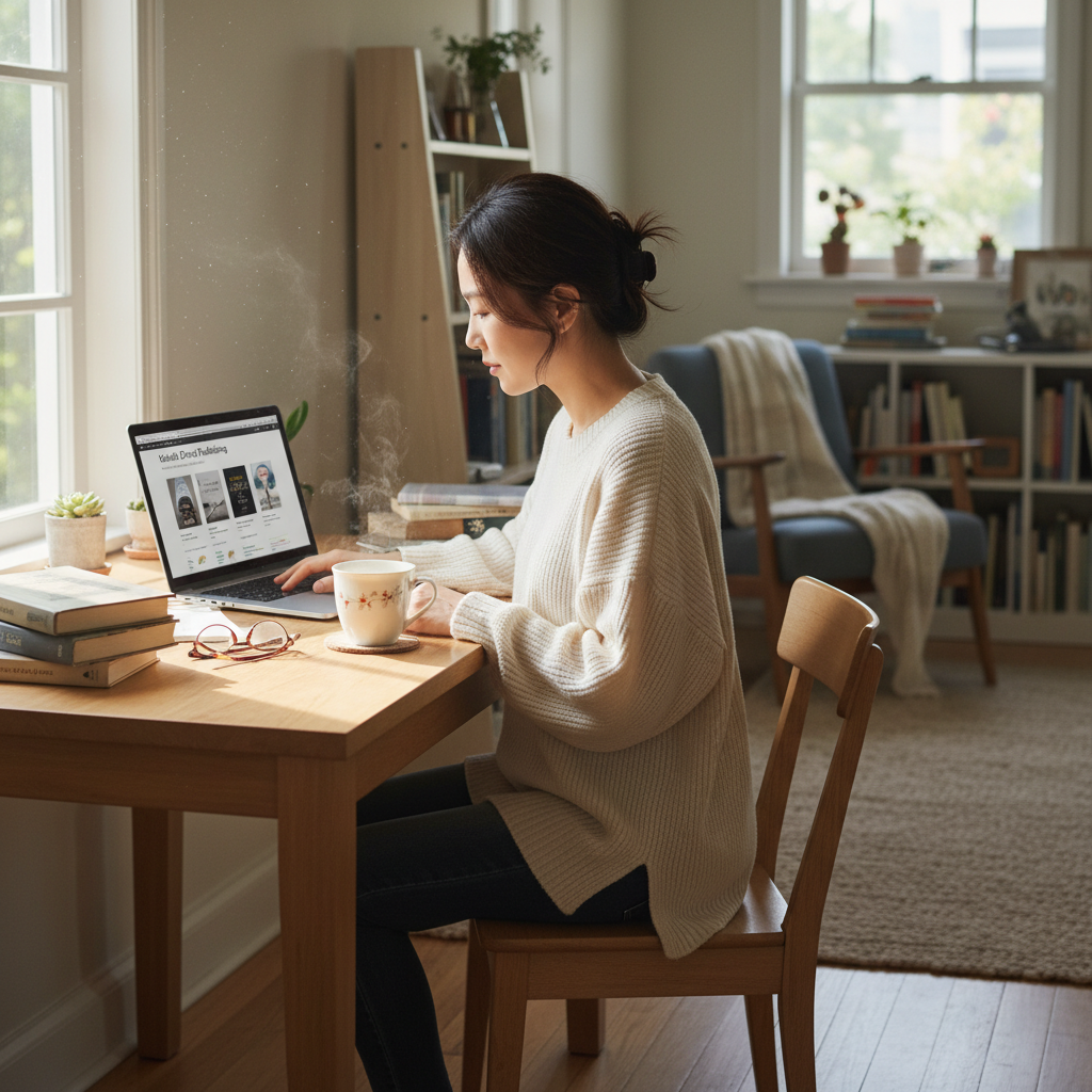 A Korean author sitting at a cozy home office desk, working on a laptop with Kindle publishing interface visible on screen, warm natural lighting from window, books and coffee cup on desk, lifestyle photography style showing creative workspace, no text in image
