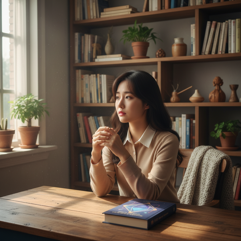 A thoughtful Korean woman author sitting at a desk, looking a bit melancholic. A book with an abstract, slightly digital-looking cover is subtly placed beside her. The setting is a cozy, natural-lit study with bookshelves in the background. Style: lifestyle photography, warm lighting, natural setting. Korean appearance, natural expression, centered focus, visually rich, no empty margins, bright, balanced lighting.