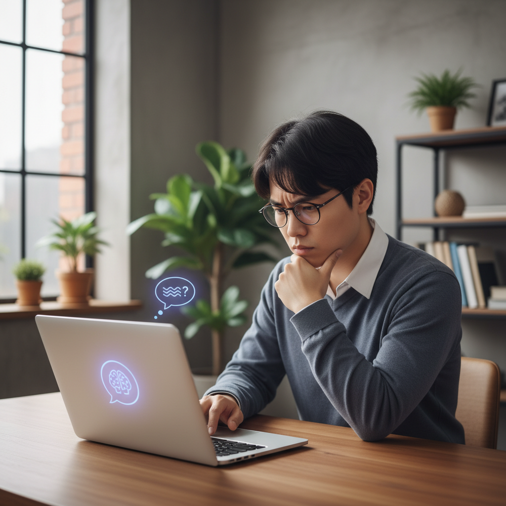 A person working on a laptop, looking puzzled, while a small, glowing AI assistant icon on the screen offers generic or unhelpful advice. The background is a modern office setting with balanced lighting. Style: lifestyle photography, natural lighting, textured background. No visible text. Korean appearance.