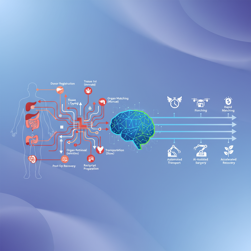 Modern infographic illustrating the complex process of organ transplantation, with an AI brain icon simplifying and optimizing the steps. High contrast, clean design, gradient background. No text.